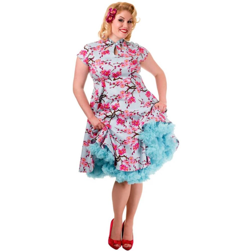 BANNED Last Dance Cherry Blossom 50's Swing Dress Blue Pink Sz L {3E32}